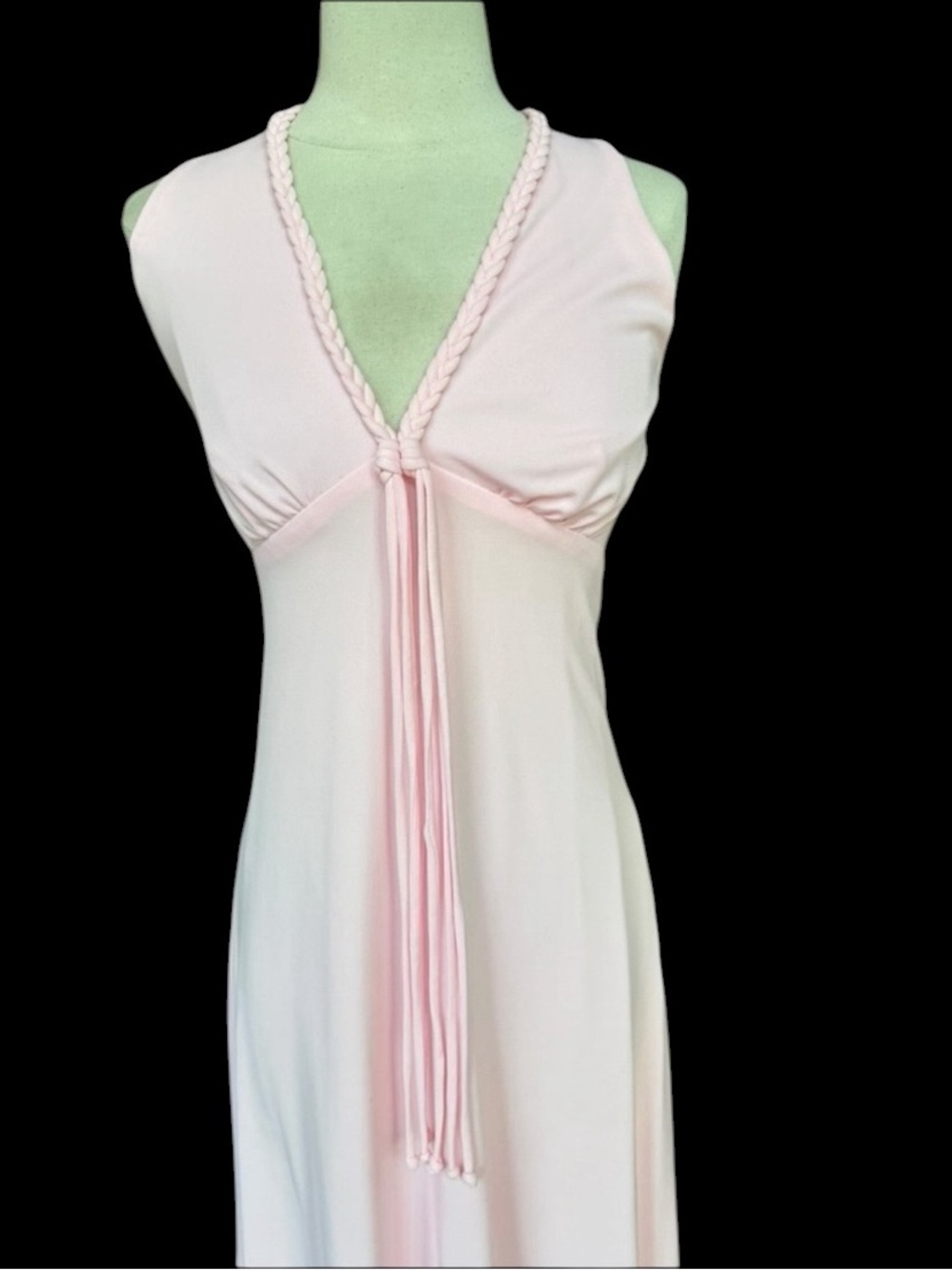 1970s Pale Pink Braided‎ Trim V-Neckline w/Tassels Lined Poly Maxi Dress - Picture 2 of 5